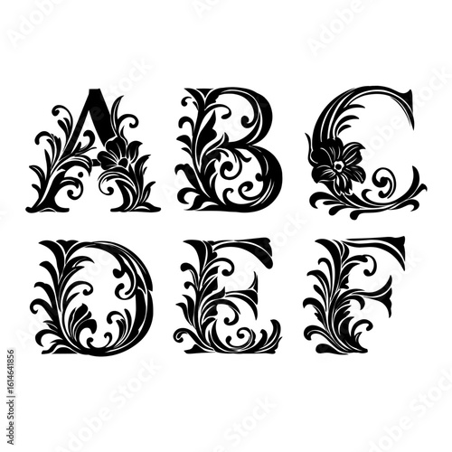 Floral Monogram Letters A–F – Vintage Ornamental Alphabet Set
