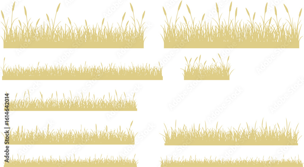 Obraz premium Silhouette grass with spikelet collection. Set of hand drawn beach grass line cad. Illustration for elevation architectural element, side view, grass section. Turf coating banners for edging