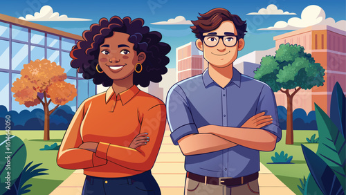 Diverse business professionals standing confidently outdoors