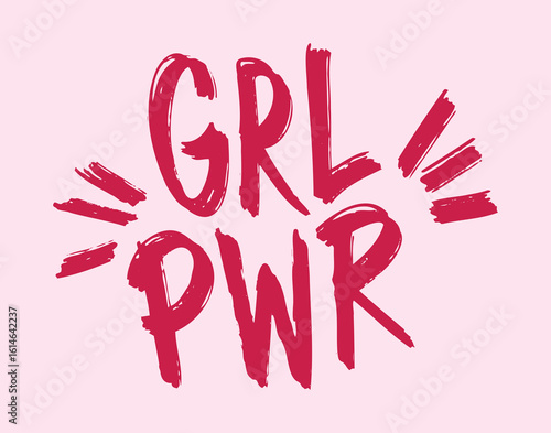 Girl power handwritten pink lettering. GRL PWR feminist slogan, phrase or quote. Girl emblem