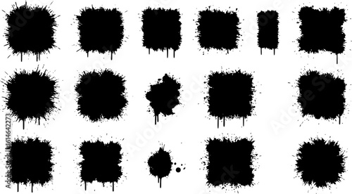 Grunge vertical black ink rectangle frames set abstract paint splatter textured borders white background handmade brush stroke design elements urban graffiti modern clipart isolated vector collection