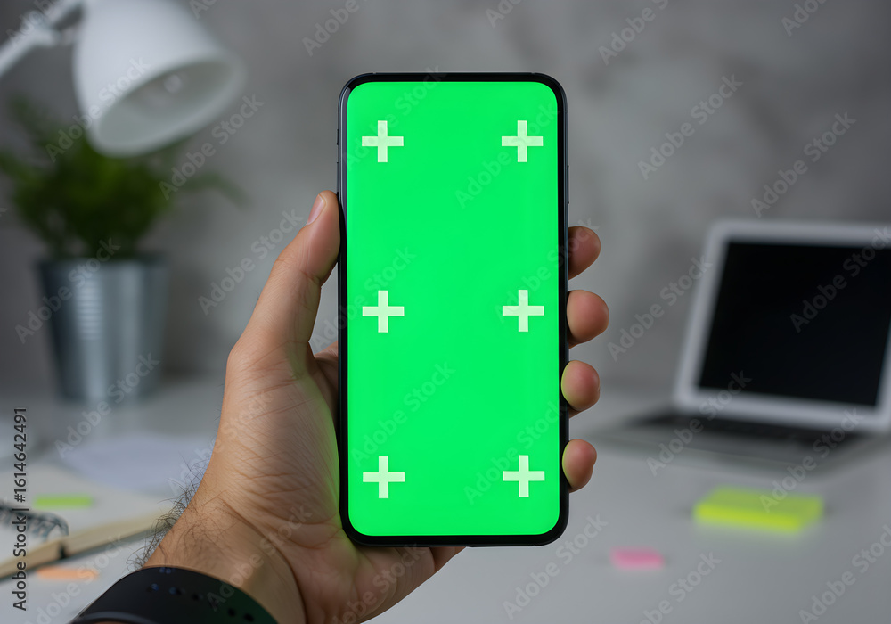 custom made wallpaper toronto digitalHand holding smartphone with green screen mockup on office desk