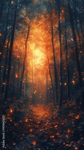 Enchanted Forest Path with Magical Glowing Light and Sparkles