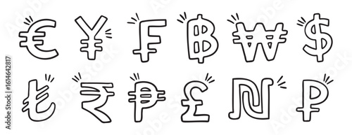 currency hand drawn doodle symbol set. Outline drawing different currency stroke line clipart symbol collection