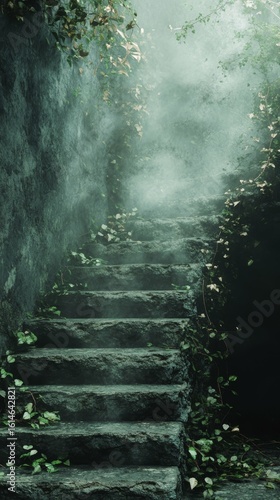 Climbing Stone Steps with Fog and Vines Mystical Pathway