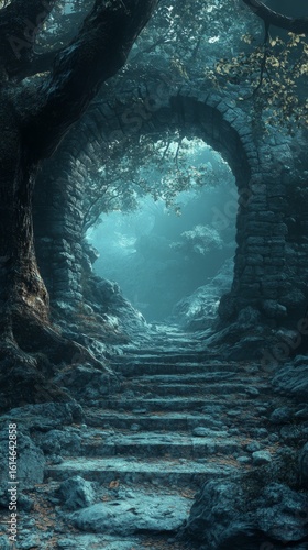 Walking Up Stone Steps Through Mystical Archway in Forest