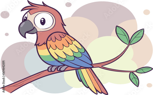 Cute Rainbow Parrot Vector Illustration Sitting on Branch