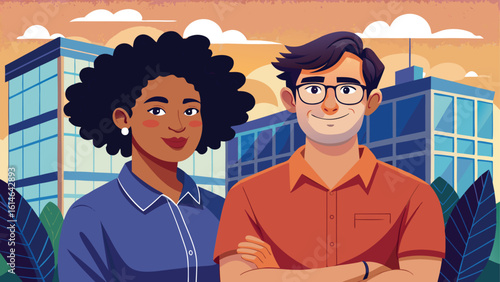 Diverse business professionals standing in front of modern office buildings