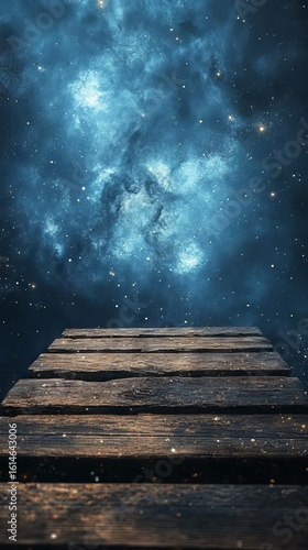 Wooden Plank Walkway Under Starry Night Sky with Nebula