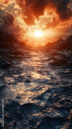 Walking Trail Toward Stunning Sunset in Rocky Landscape