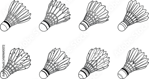 Eight badminton shuttlecocks arranged in a grid pattern isolated on white