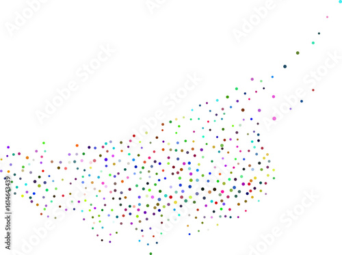 Dynamic abstract liquid flow of colorful particles, rainbow colored circular glitters background. Abstract particles flowing wavy, colorful dotted smoke.