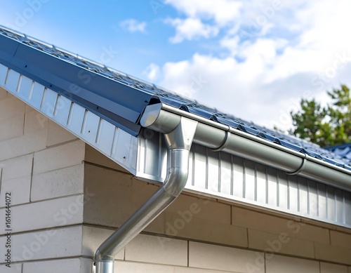 Exterior view of a house roof and gutters.  Grey metal gutters and roofing tiles on a light beige brick house.  Partly cloudy sky