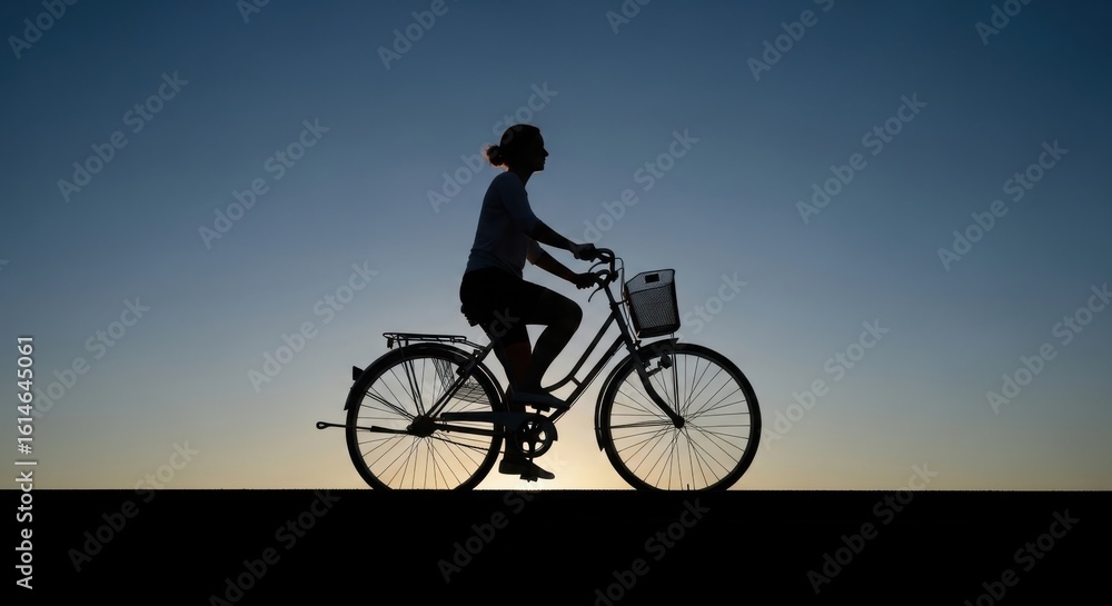 Fototapeta premium A person riding a bicycle against a gradient sky captured in a striking silhouette against the horizon
