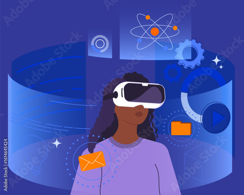 Futuristic dark skinned woman using virtual reality headset. Modern woman with VR headset working with business data. Virtual interface with science and technology icons, digital future concepts.
