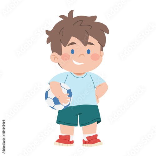 Schoolboy with soccer ball in hand. Schoolboy athlete full length. Cute character student. Back to school. Children education. Vector illustration