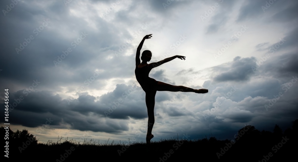 Fototapeta premium Graceful ballerina performs a dynamic pose against a dramatic cloudy sky capturing the essence of movement and artistry silhouette