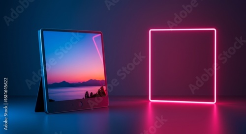 Modern tablet displaying a stunning sunset landscape with a glowing pink square backdrop