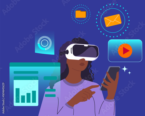 Futuristic dark skinned woman using virtual reality headset. Modern woman with VR headset working with business data. Virtual interface with science and technology icons, digital future concepts.