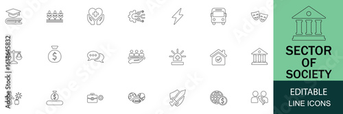 Sector of society line editable icon set. A collection of linear icons representing education, health care, energy, housing, finance, justice, technology, environment, and more sectors. vector.