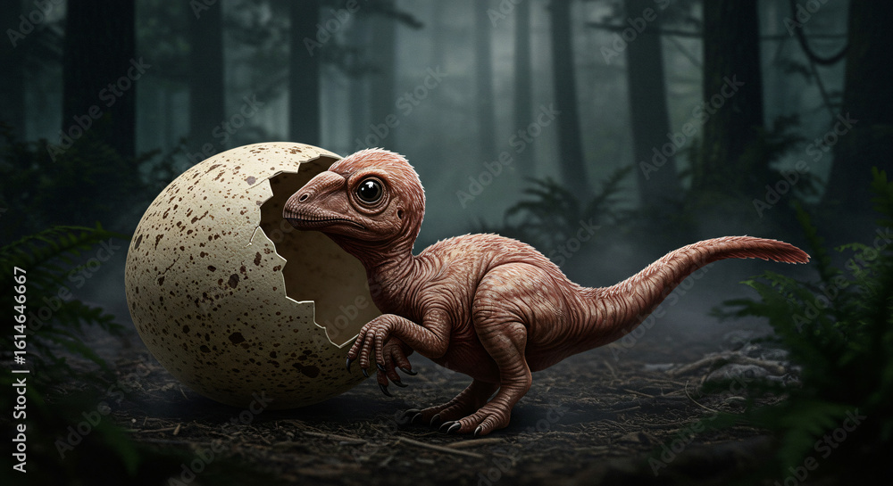 Obraz premium baby tyranosaur allosaur cracked an egg hatching in wild jungle newborn hatchling