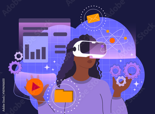 Futuristic dark skinned woman using virtual reality headset. Modern woman with VR headset working with business data. Virtual interface with science and technology icons, digital future concepts.