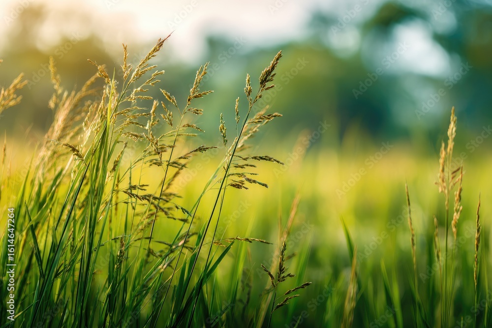 Fototapeta premium Golden hour sunlight illuminates tall grasses in a field