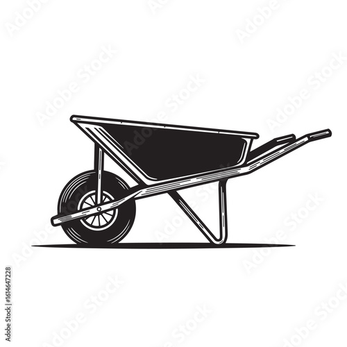 Black and white illustration of a wheelbarrow for gardening or construction use