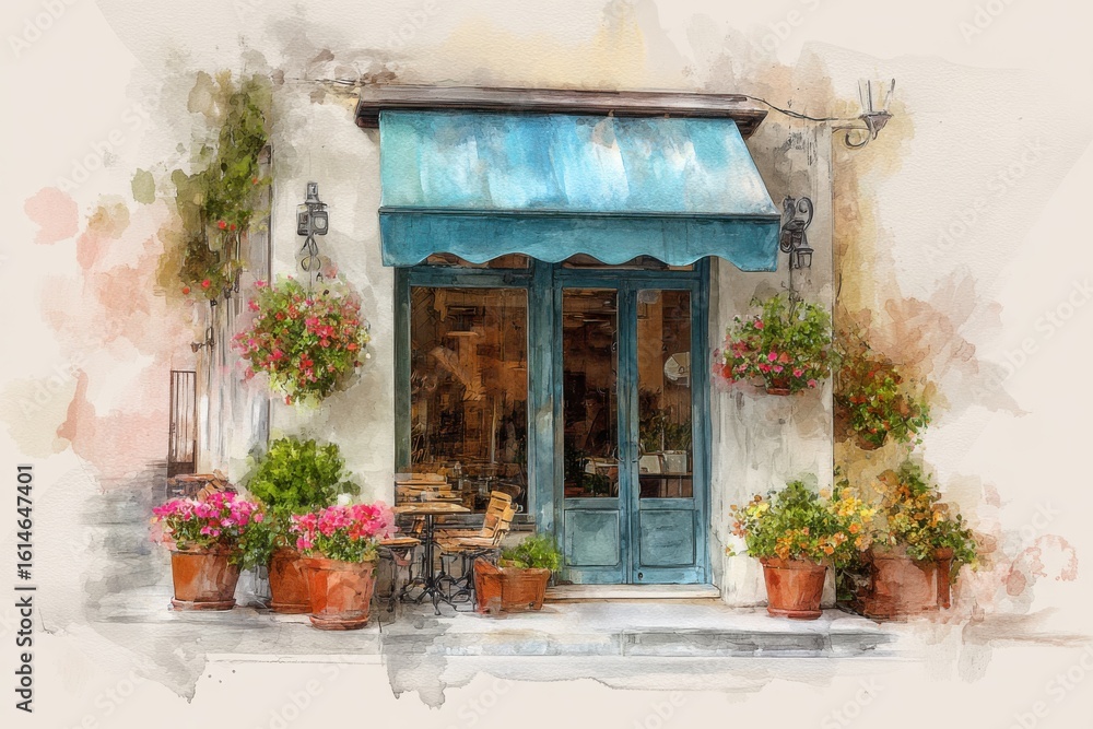 Fototapeta premium A charming cafe entrance with a blue canopy, surrounded by colorful potted flowers and plants, rendered in a soft watercolor style.