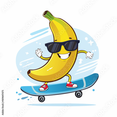 A cheerful banana in shades rides a skateboard in bold, playful cartoon style.