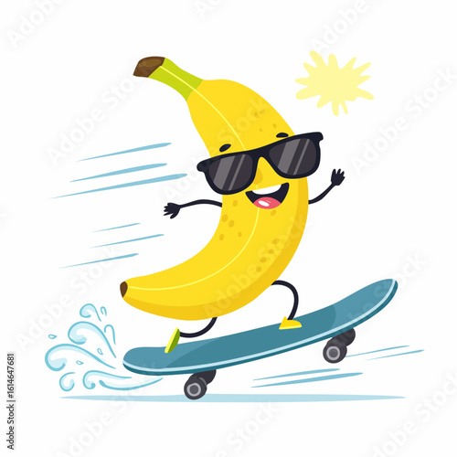 A cheerful banana in shades rides a skateboard in bold, playful cartoon style.