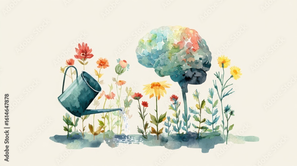 Naklejka premium A watercolor illustration of a brain growing like a tree, surrounded by flowers being watered, symbolizing mental growth and nurturing.
