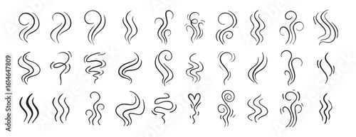 Fire steam or Line smoke doodle hand drawn set. smell waves from food or coffee and beverages sketch style.