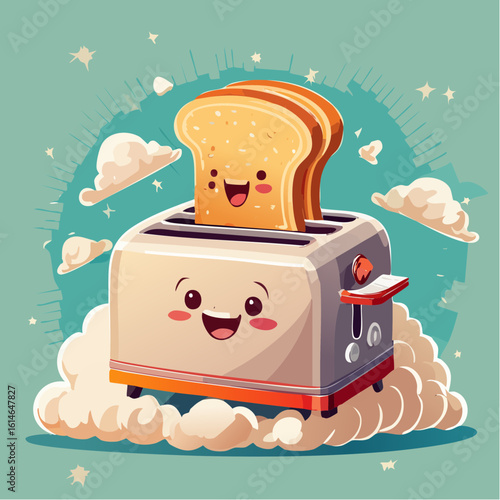 A cartoon toaster launches a flying toast slice like a rocket in kitchen comedy style.