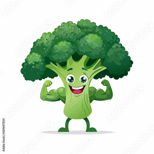 A muscle-bound broccoli shows off its biceps with a proud and goofy grin.
