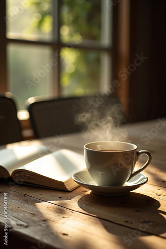 Wallpaper Mural Steaming cup of tea beside an open book on rustic wooden table in warm morning light, capturing a moment of peaceful solitude perfect for mindfulness and slow lifestyle promotion visuals Torontodigital.ca