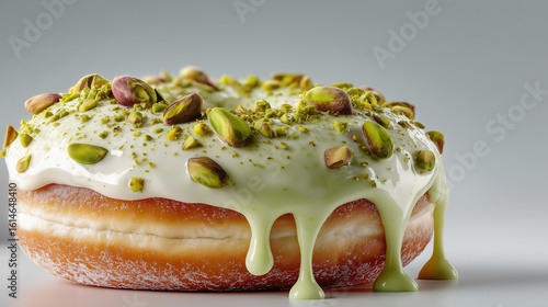 Gourmet Pistachio Donut with Creamy Icing and Nuts. The clean studio shot style makes it ideal for website banners, menu highlights, and social media campaigns. 