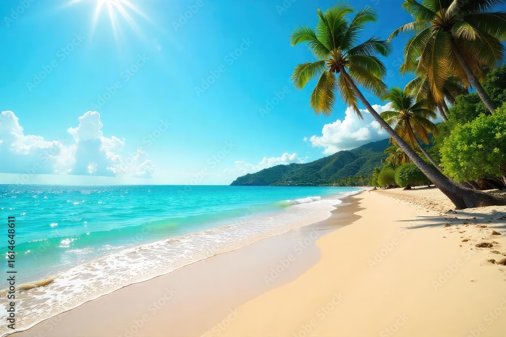 Obraz premium Sunny day at the beach, perfect for relaxation Golden sand, turquoise water, and gentle waves create a tranquil scene Ideal for summer vacation imagery and travel brochures , sun, beach, joy