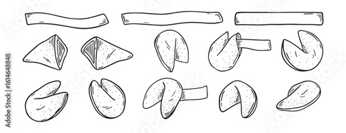 Chinese fortune cookies doodle hand drawn icon set. Outline drawing Chinese fortune cookies line clipart symbol collection