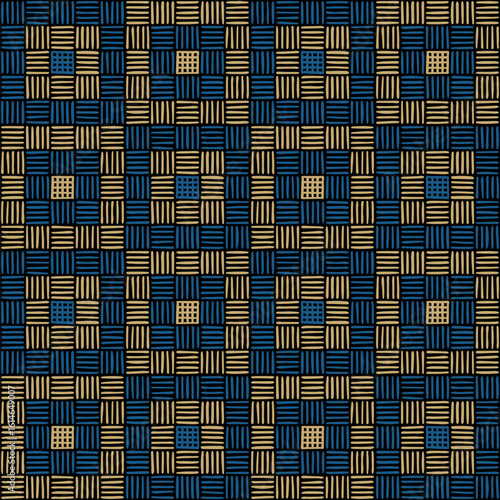 blue and yellow hand drawn squares of stripes. black repetitive background. vector seamless pattern. geometric fabric swatch. wrapping paper. design template for textile, home decor