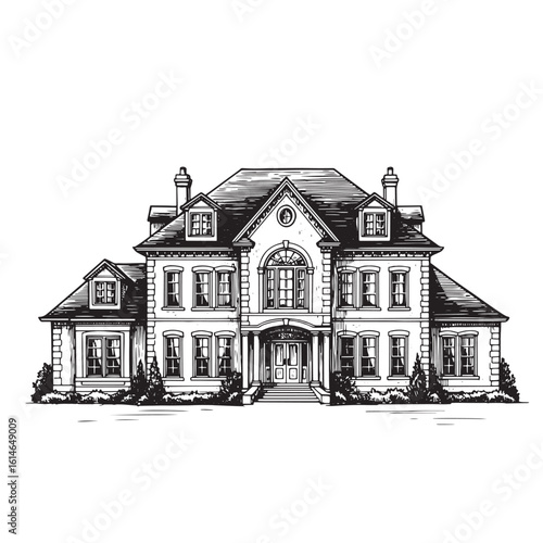 Detailed illustration of a grand luxurious mansion in a classic engraving style isolated on white