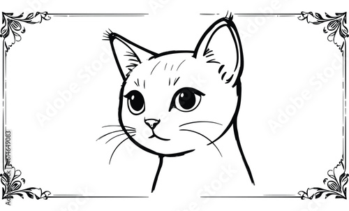 Minimal black outline of a cat head with expressive eyes inside a floral cornered frame. White background, clean vector style.