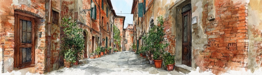 Fototapeta premium A charming narrow cobblestone street lined with rustic brick buildings and potted plants, evoking a quaint, historic European village ambiance.