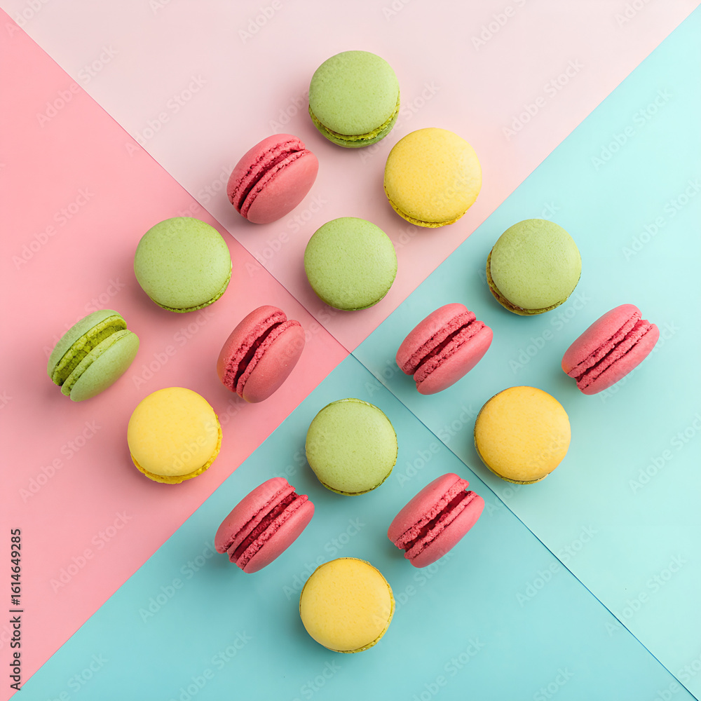 Obraz premium Top-Down Symmetrical Grid of Brightly Colored Macarons Vibrant French Pastry Flat Lay