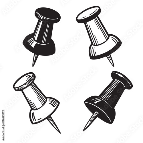 Four detailed black and white illustration of thumbtacks against a plain white background