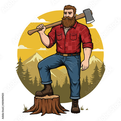 Lumberjack with Axe and Mountain Landscape