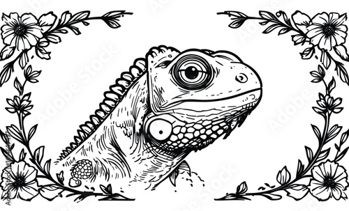 Iguana Head One-Line Vector with Floral Garland Frame