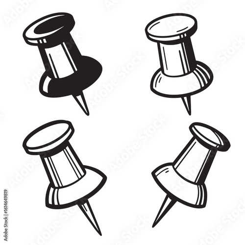 Hand drawn vector illustration of four different push pins in contrasting black and white design