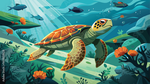 Vibrant underwater scene with a majestic sea turtle and fish