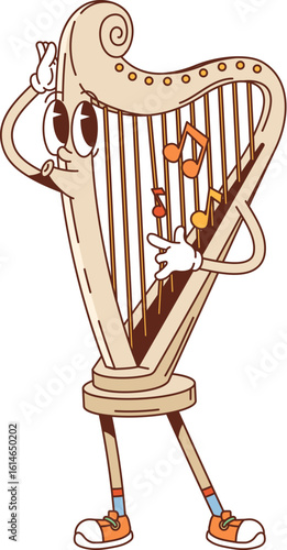 Cartoon groovy harp musical instrument character. Isolated vector plucked, stringed funny personage strumming on itself, playing music and expressing positive emotions with tune notes floating around